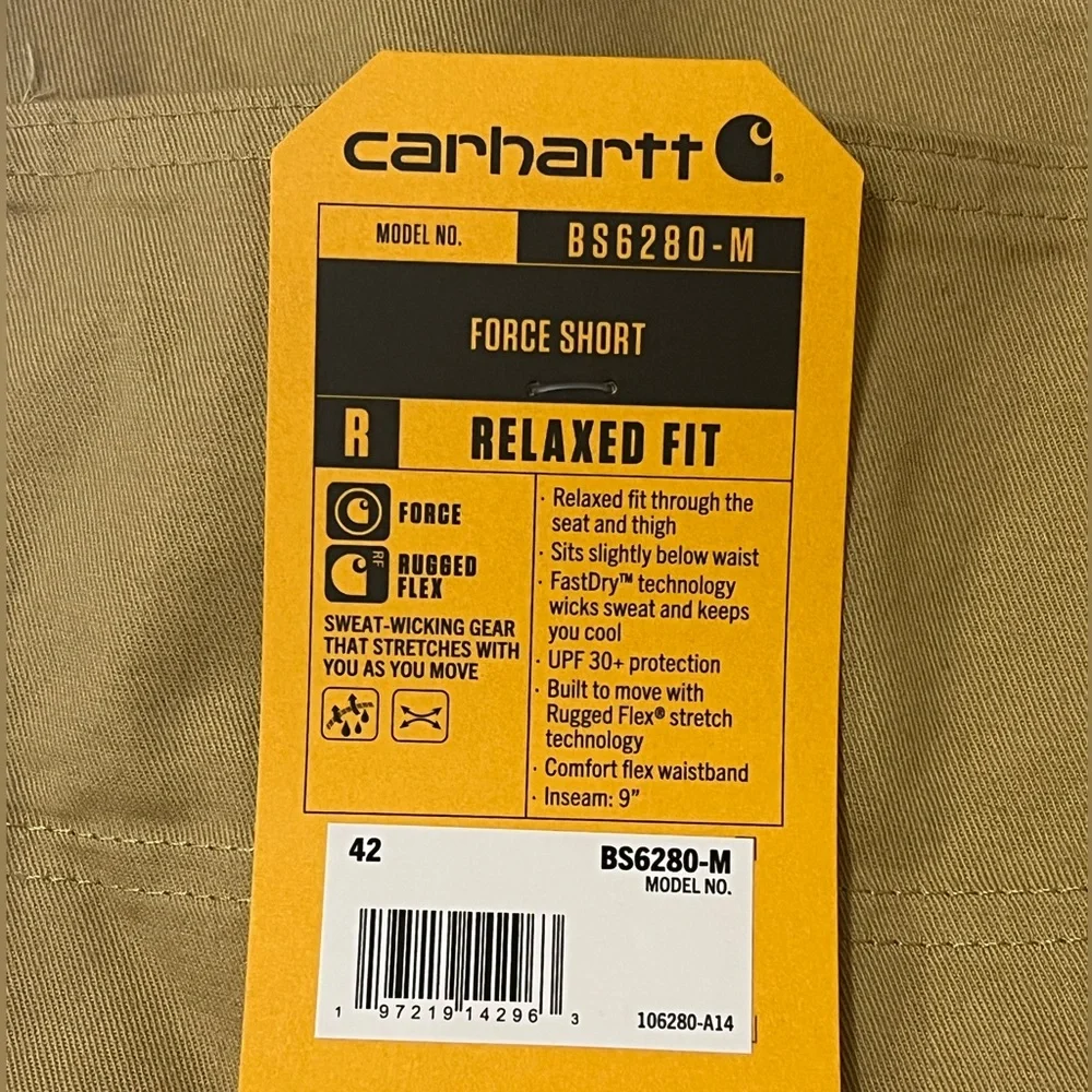 Carhartt Men’s Shorts Shadow Force Relaxed Fit Golden Sand Size 42